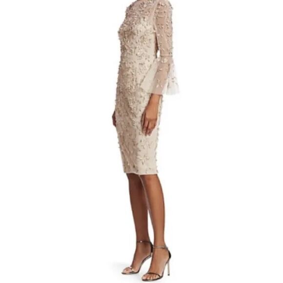THEIA Hand-Beaded & Petal Applique 3/4 Bell-Sleeve Dress Women’s SIZE 4 - Picture 3 of 14